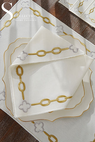 Cadena Gold Border - Silver Design Placemat Set - 6 Persons - Waterproof Fabric - 24 Pcs. Full Set