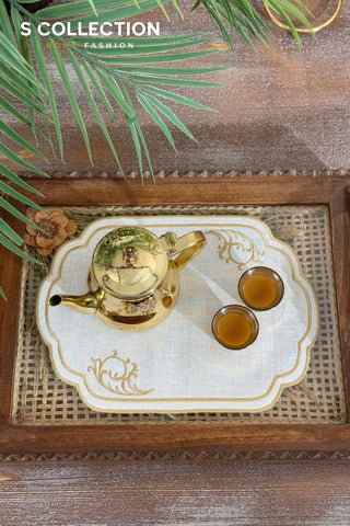 Orchid Design Tray Cover - %100 Linen Fabric - Gold Embroidered