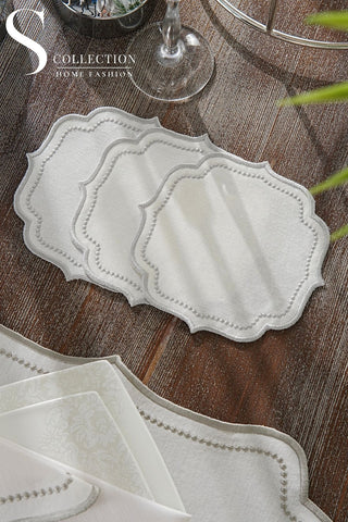 Laurel Wreath Silver Design Placemat Set - Waterproof Fabric - 6 Persons - 24 Pcs. Full Set