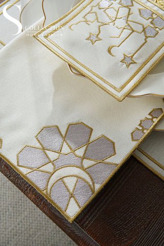 Ramadan Dome Design Silver and Gold Placemat Set - Waterproof Fabric - 6 Persons - 24 Pcs. Full Set