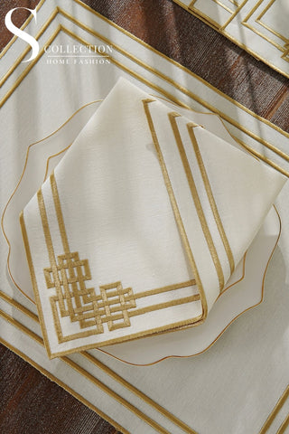 Pyramid Design Gold Placemat Set - Waterproof Fabric - 6 Persons - 24 Pcs. Full Set