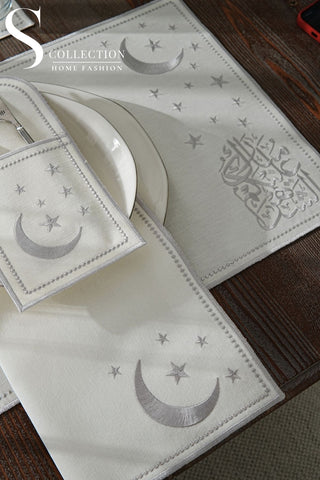 Ramadan Design Silver Glamorous Placemat Set - Waterproof Fabric - 6 Persons - 24 Pcs. Full Set