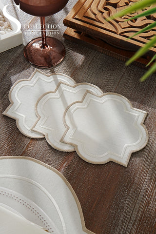 Milan Off White and Cappuccino Design Placemat Set - Waterproof Fabric - 6 Persons - 24 Pcs. Full Set