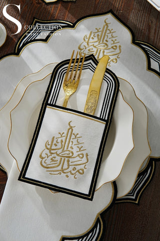 Ramadan Najma Design Black and Gold Placemat Set - Waterproof Fabric - 6 Persons - 24 Pcs. Full Set