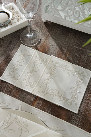 Flower Off White and Silver Design Placemat Set - Waterproof Fabric - 6 Persons - 24 Pcs. Full Set