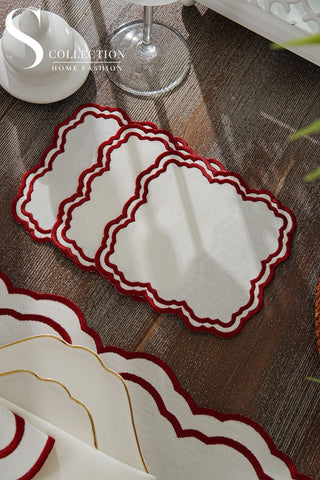 Gabriel Burgundy Design Placemat Set - Waterproof Fabric - 6 Persons - 24 Pcs. Full Set