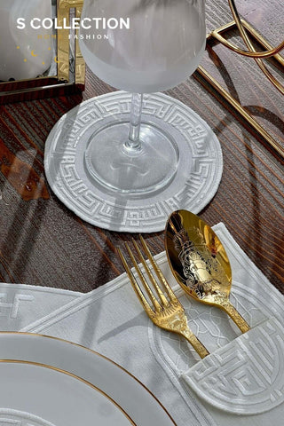 Layali Design Ramadan Collection Placemat Set - Off White Embroidered - Waterproof Fabric - 6 Persons - 18 Pcs. Full Set