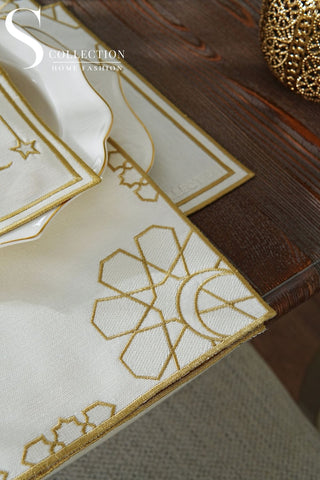 Ramadan Dome Design Gold and Off White Placemat Set - Waterproof Fabric - 6 Persons - 24 Pcs. Full Set