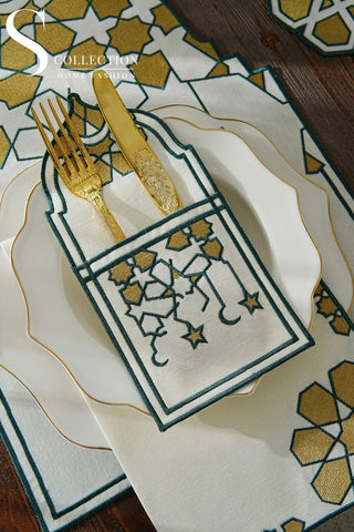Ramadan Dome Design Green and Gold Placemat Set - Waterproof Fabric - 6 Persons - 24 Pcs. Full Set