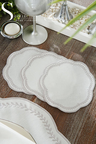 Leafy Allure Silver Design Placemat Set - Waterproof Fabric - 6 Persons - 24 Pcs. Full Set