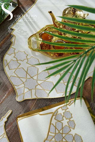 Ramadan Dome Design Silver and Gold Full Placemat Set - With Bread Basket Napkin and Runner - 6 Persons - 26 Pcs.