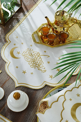 Ramadan Design Gold Stellar Serenity Full Placemat Set - With Bread Basket Napkin and Runner - 6 Persons - 26 Pcs.
