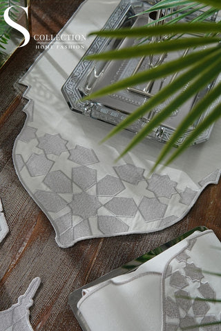 Ramadan Dome Design Silver Full Placemat Set - With Bread Basket Napkin and Runner - 6 Persons - 26 Pcs.