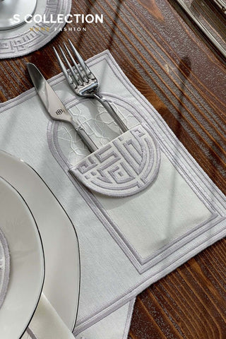 Layali Design Ramadan Collection Placemat Set - Silver Embroidered - Waterproof Fabric - 6 Persons - 18 Pcs. Full Set