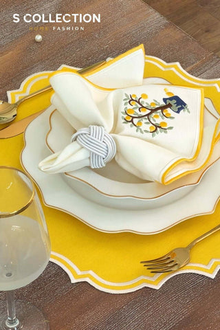 Camila Design Embroidered Placemat Set - Yellow Colour Waterproof Fabric - 6 Persons - 18 Pcs.
