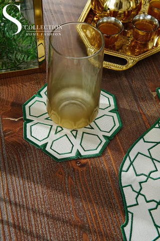 Ramadan Dome Design Green and Off White Placemat Set - Waterproof Fabric - 6 Persons - 24 Pcs. Full Set