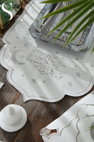 Ramadan Design Silver Stellar Serenity Full Placemat Set - With Bread Basket Napkin and Runner - 6 Persons - 26 Pcs.