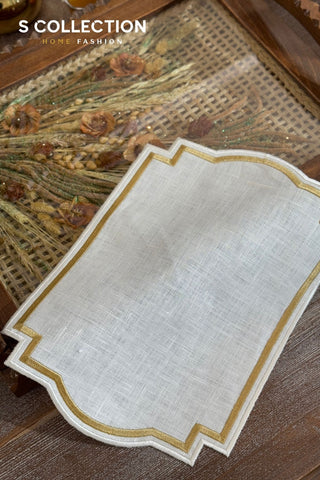 Graceful Design Tray Cover - %100 Linen Fabric - Gold Embroidered