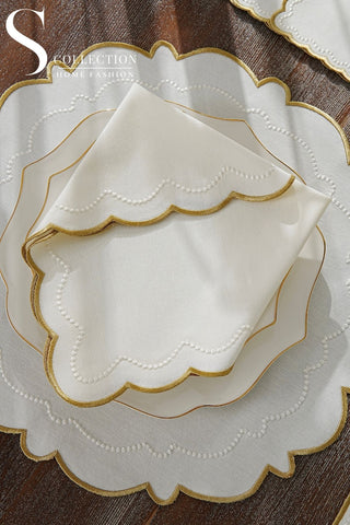 Tansy Gold and Off White Design Placemat Set - Waterproof Fabric - 6 Persons - 24 Pcs. Full Set