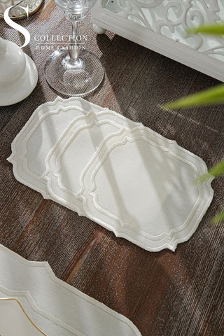 Amelia Off White Design Placemat Set - Waterproof Fabric - 6 Persons - 24 Pcs. Full Set