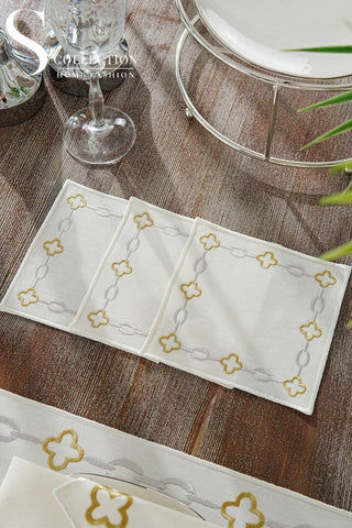 Cadena Silver Border - Gold Design Placemat Set - 6 Persons - Waterproof Fabric - 24 Pcs. Full Set