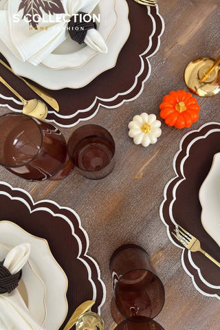 Jory Design Embroidered Placemat Set - Brown Colour Waterproof Fabric - 6 Persons - 18 Pcs.