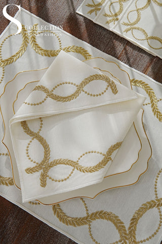 Olive Branch Gold Design Placemat Set - Waterproof Fabric - 6 Persons - 24 Pcs. Full Set