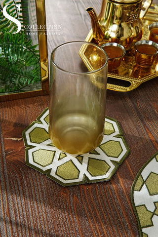 Ramadan Dome Design Olive Green Placemat Set - Waterproof Fabric - 6 Persons - 24 Pcs. Full Set