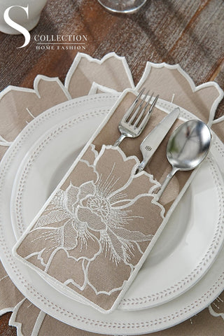 Eloise Design Embroidered Placemat Set - Cappucino Colour Waterproof Fabric - 6 Persons - 12 Pcs.