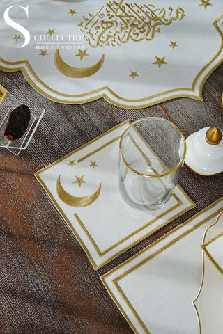 Ramadan Design Gold Stellar Serenity Full Placemat Set - With Bread Basket Napkin and Runner - 6 Persons - 26 Pcs.