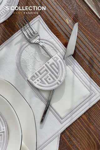 Layali Design Ramadan Collection Placemat Set - Silver Embroidered - Waterproof Fabric - 6 Persons - 18 Pcs. Full Set