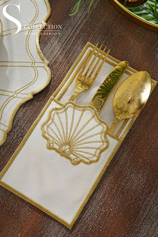 Marine Gold Design Placemat Set - Waterproof Fabric - 6 Persons - 24 Pcs. Full Set