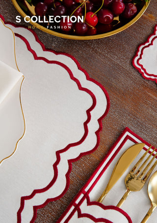 Gabriel Burgundy Design Placemat Set - Waterproof Fabric - 6 Persons - 24 Pcs. Full Set