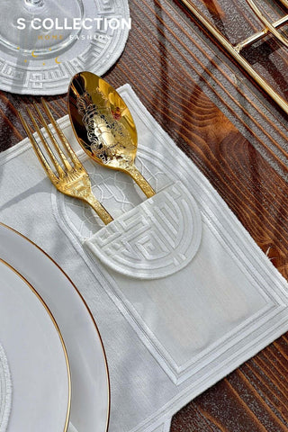 Layali Design Ramadan Collection Placemat Set - Off White Embroidered - Waterproof Fabric - 6 Persons - 18 Pcs. Full Set