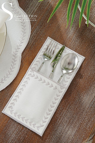 Leafy Allure Silver Design Placemat Set - Waterproof Fabric - 6 Persons - 24 Pcs. Full Set