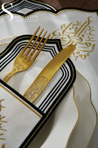Ramadan Najma Design Black and Gold Placemat Set - Waterproof Fabric - 6 Persons - 24 Pcs. Full Set