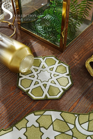 Ramadan Dome Design Olive Green Placemat Set - Waterproof Fabric - 6 Persons - 24 Pcs. Full Set