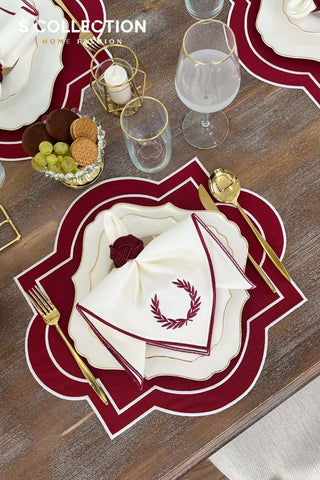 Milan Design Embroidered Placemat Set - Red Colour Waterproof Fabric - 6 Persons - 18 Pcs.