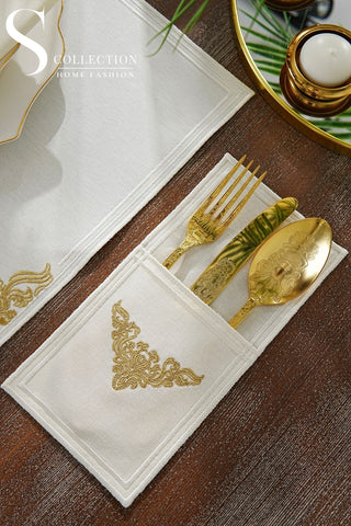 Evelyn Gold Design Placemat Set - Waterproof Fabric - 6 Persons - 24 Pcs. Full Set