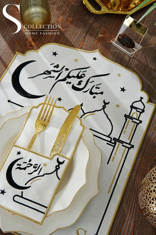 Ramadan Hilal Design Black and Gold Placemat Set - Waterproof Fabric - 6 Persons - 12 Pcs. Set