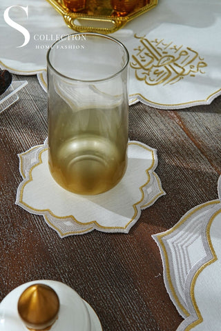 Ramadan Najma Design Gold and Silver Full Placemat Set - With Bread Basket Napkin and Runner - 6 Persons - 26 Pcs.