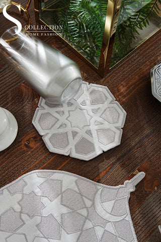 Ramadan Dome Design Silver Placemat Set - Waterproof Fabric - 6 Persons - 24 Pcs. Full Set