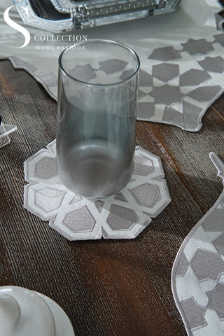 Ramadan Dome Design Silver Full Placemat Set - With Bread Basket Napkin and Runner - 6 Persons - 26 Pcs.