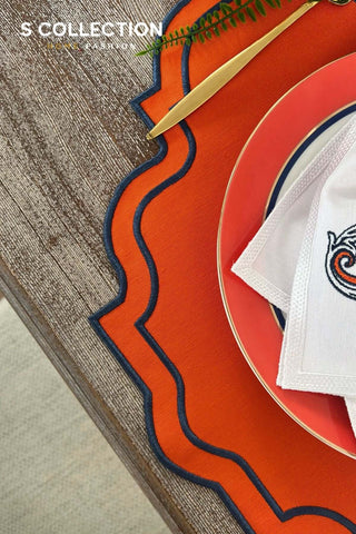 Alpabet H Design Embroidered Placemat Set - Orange Colour Waterproof Fabric - 6 Persons - 18 Pcs.