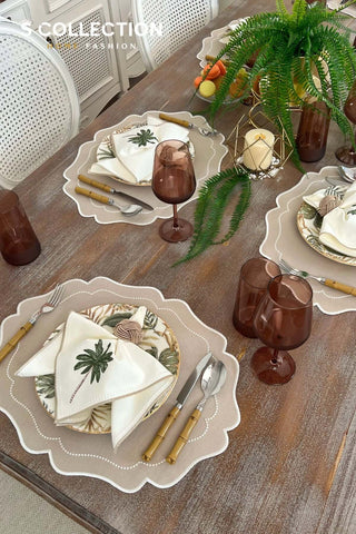 Desert Bloom Design Embroidered Placemat Set - Cappuccino Colour Waterproof Fabric - 6 Persons - 18 Pcs.