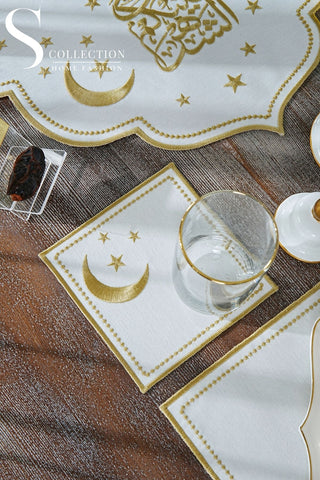 Ramadan Gold Glamorous Design Full Placemat Set - With Bread Basket Napkin and Runner - 6 Persons - 26 Pcs.