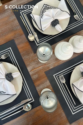 Silva Design Embroidered Placemat Set - Dark Grey Colour Waterproof Fabric - 6 Persons - 18 Pcs.