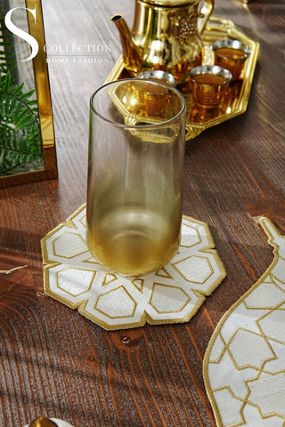 Ramadan Dome Design Gold and Off White Placemat Set - Waterproof Fabric - 6 Persons - 24 Pcs. Full Set