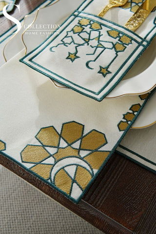 Ramadan Dome Design Green and Gold Placemat Set - Waterproof Fabric - 6 Persons - 24 Pcs. Full Set