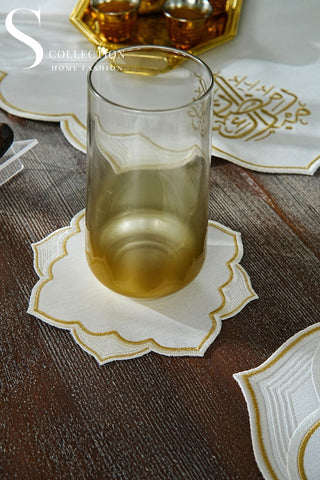Ramadan Najma Design Gold Full Placemat Set - With Bread Basket Napkin and Runner - 6 Persons - 26 Pcs.